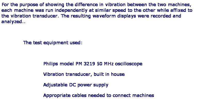 Text Box: For the purpose of showing the difference in vibration between the two machines, each machine was run independently at similar speed to the other while affixed to the vibration transducer. The resulting waveform displays were recorded and analyzed..
 
              The test equipment used:
 
                           Philips model PM 3219 50 MHz oscilloscope
                           Vibration transducer, built in house
                           Adjustable DC power supply
                           Appropriate cables needed to connect machines
